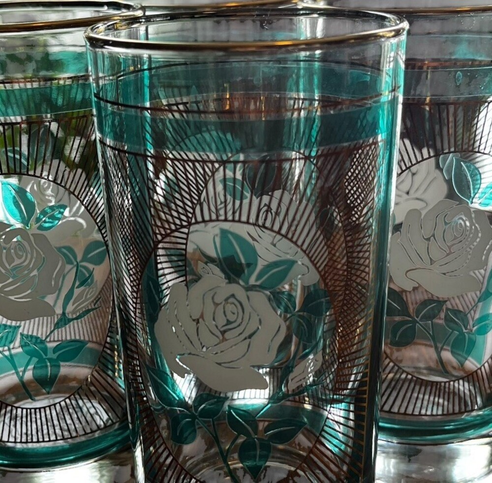 Set of 4 Vtg Libbey Party Time Glasses Tumblers Green With White Rose 12 Oz 5.5”
